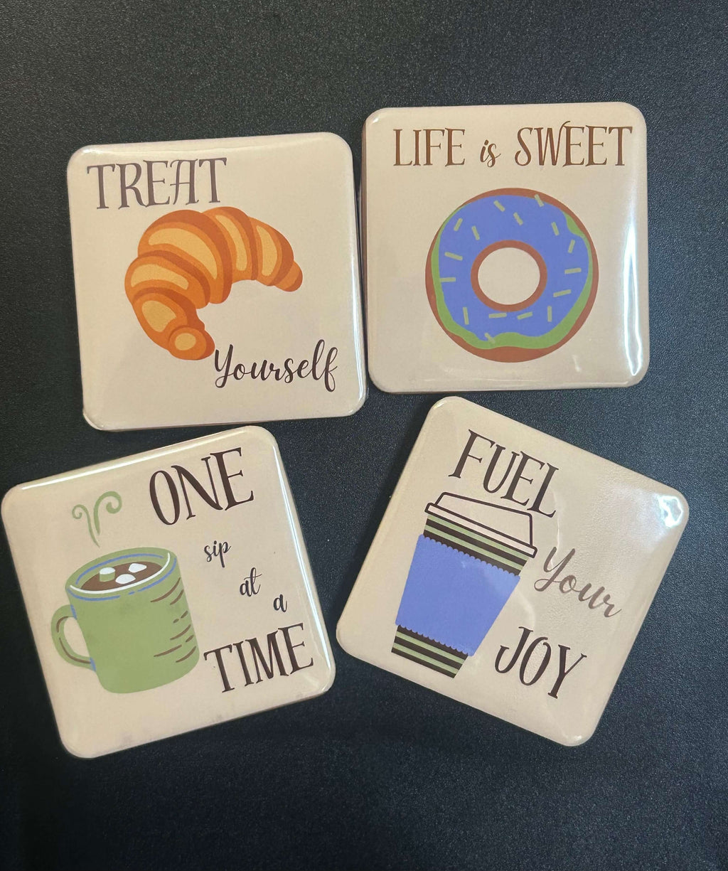 Cozy Crew Mini Magnets Set – full set of 4 2x2 waterproof cozy-themed magnets